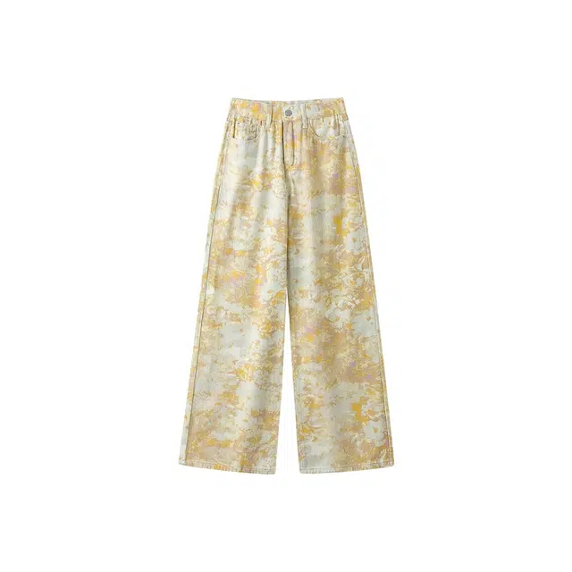 敲模女孩 复古休闲百搭扎染彩绘印花阔腿直筒牛仔裤 女款