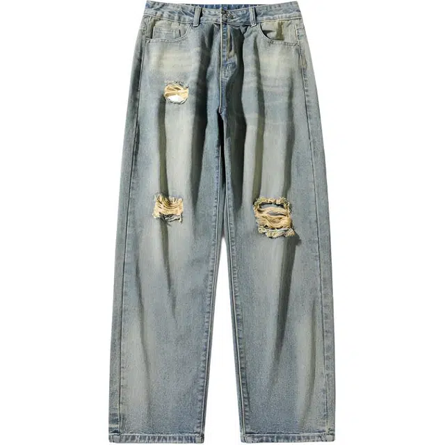 特斯型 美式直筒复古做旧破洞宽松休闲水洗牛仔裤 男女同款