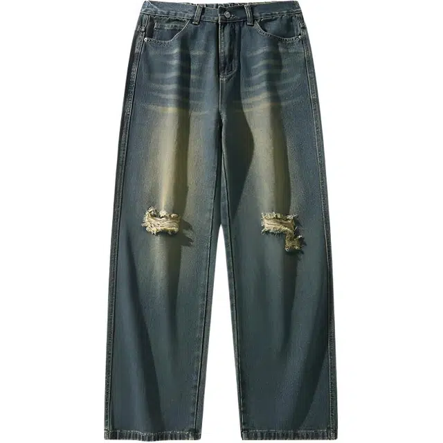 特斯型 美式街头复古做旧水洗阔腿显高直筒破洞牛仔裤 男女同款