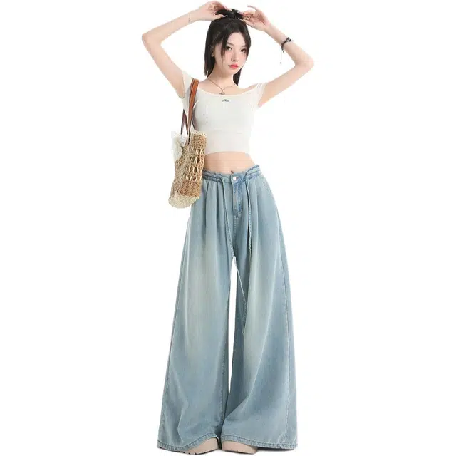 黛尔佳人 自然之选~莱赛尔环保布料！腰头系绳阔腿裤冰丝清凉透气宽松牛仔裤 女款