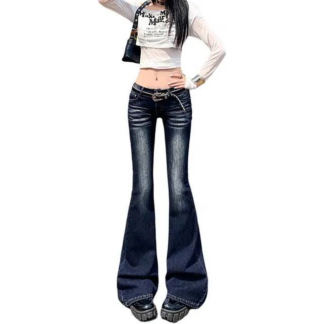 如续 美式复古怀旧低腰辣妹弹力修身显瘦微喇裤牛仔裤 女款