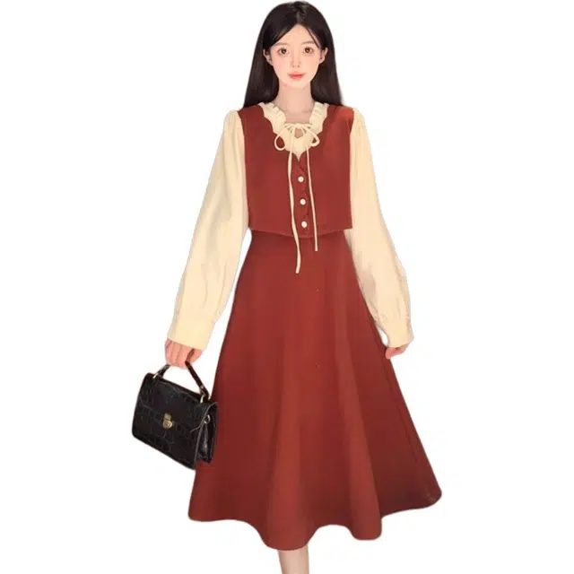 柏黛妃 法式中长款系带拼接假两件长袖连衣裙 女款