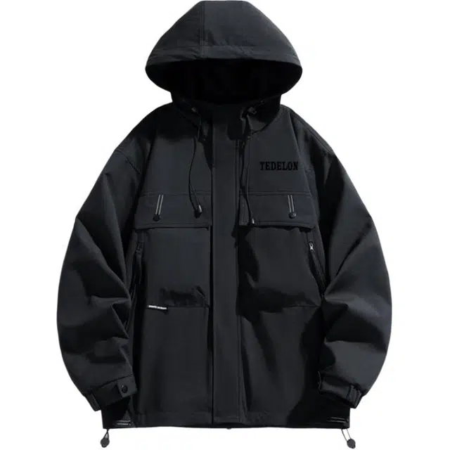 太子龍 山系户外连帽立体口袋多拉链登山服款宽松潮流百搭休闲工装防水外套男女同款夹克 男款