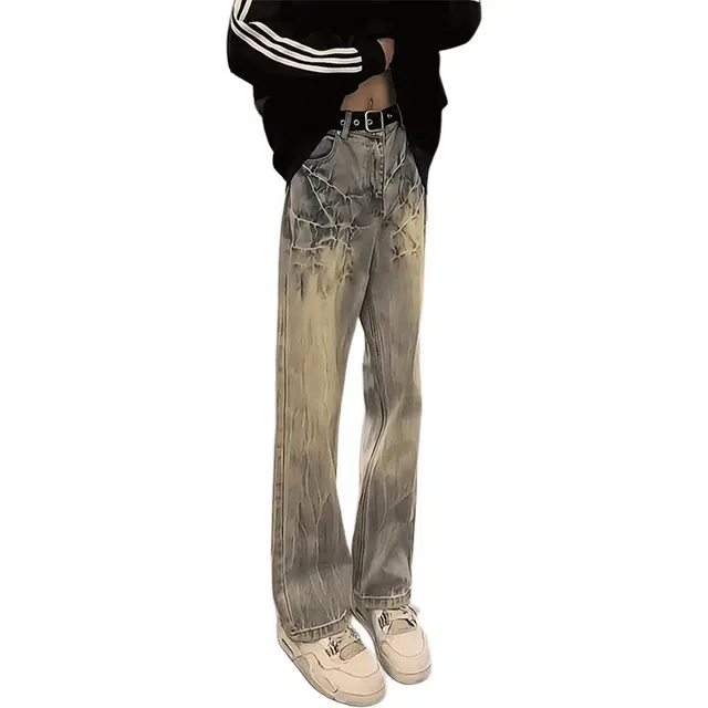 地界二 美式高街设计感闪电纹多种版型裤子 宽松显高百搭牛仔裤 男女同款