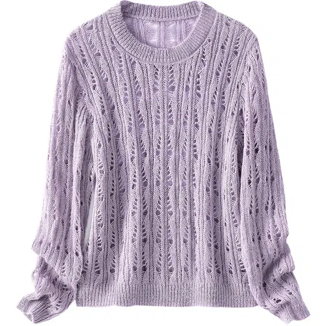 丝柏舍 温柔风气质纯色镂空薄款圆领套头短款长袖针织衫 女款