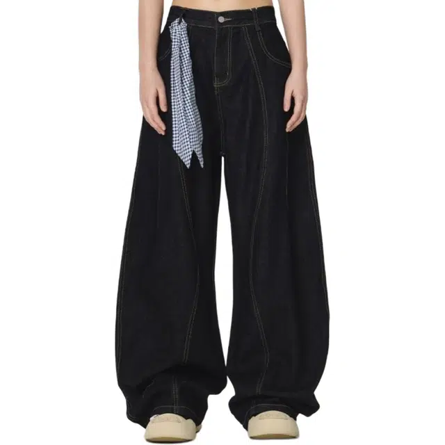 柏黛妃 美式复古可拆卸方巾弯刀裤子宽松拖地阔腿裤牛仔裤 女款