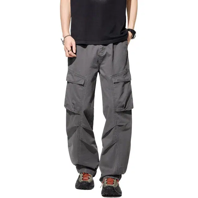 协协乐 高街纯棉美式复古潮牌大口袋设计感春秋款百搭宽松阔腿拖地裤运动通勤长裤工装裤 男款