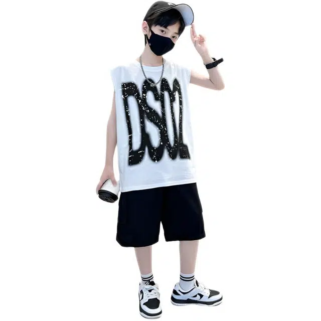 天才小熊休闲运动套装  男童夏季时尚印花字母无袖大童潮牌小孩衣服 小男孩短袖洋气时髦 舒适帅气轻便