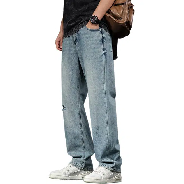 潮人榜 美式复古破洞裤宽松直筒潮牌阔腿休闲裤牛仔裤 男女同款