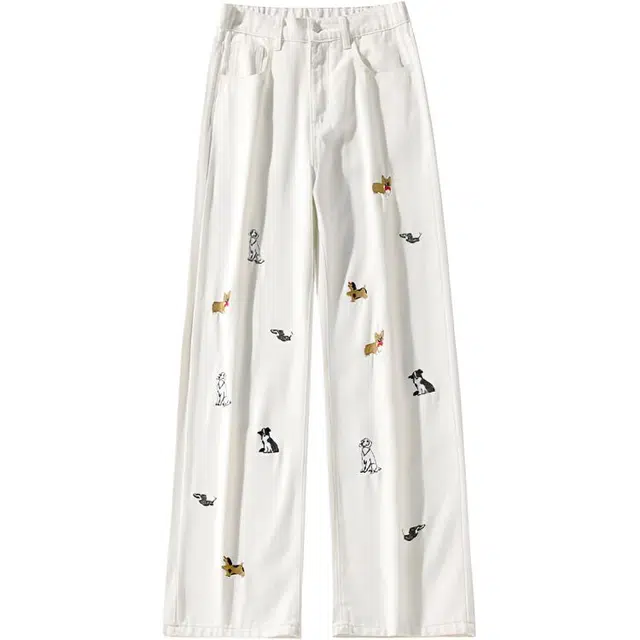 特斯型 美式直筒小狗刺绣透气百搭高街牛仔裤 男女同款