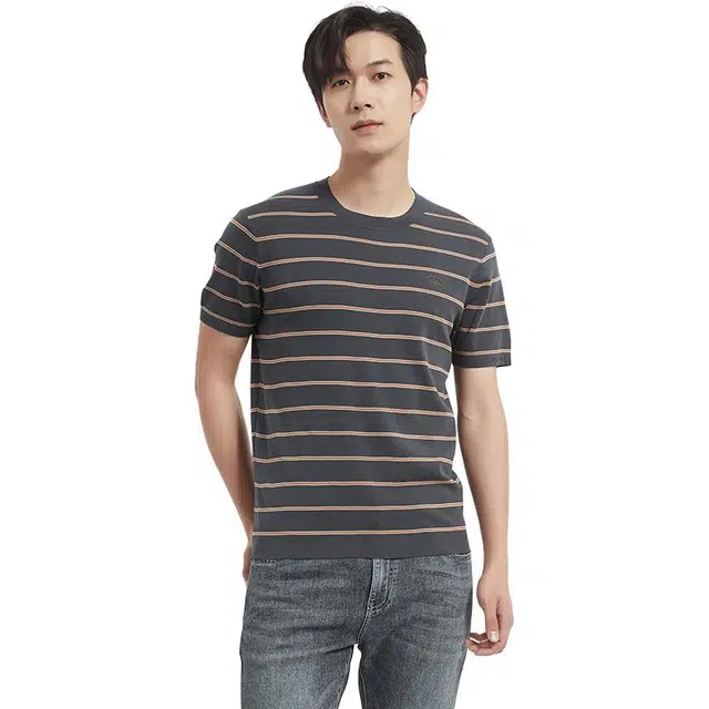 古鲨 海岛棉条纹短袖灰色亲肤透气针织衫 男款