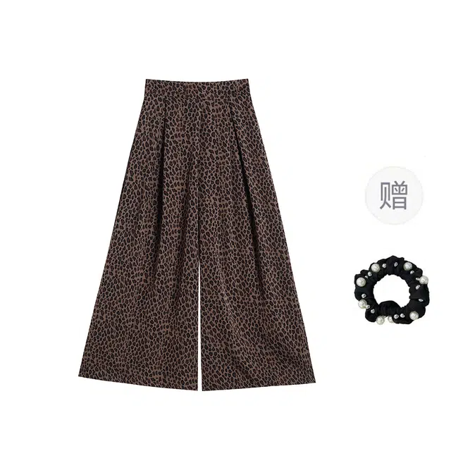 雾闪闪 魔术贴美式豹纹高腰复古长裤女气质压褶宽松薄款阔腿裤潮裤裙裤 休闲裤 女款