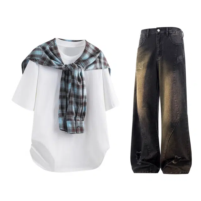 梓润格 美式校园风舒适酷飒时尚高级潮流氛围户外运动野营无性别主义破洞拼接复古设计垂感水洗阔腿牛仔裤纯色纯棉短袖格子披肩情侣套装