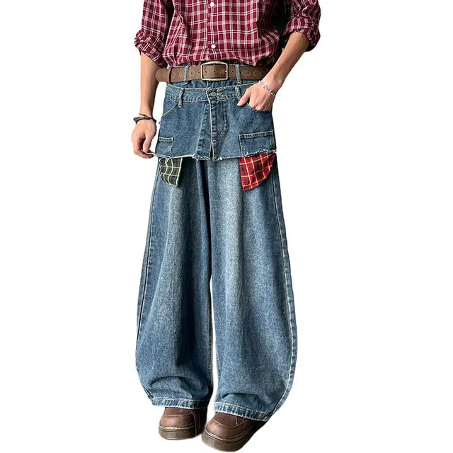 帝狼牛 美式高街假两件格纹拼接做旧宽松休闲日常百搭小众个性街头牛仔裤 男女同款