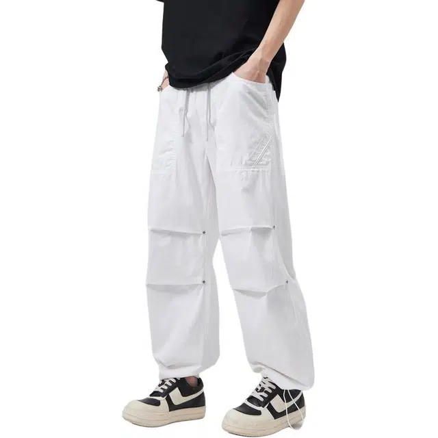 协协乐 褶皱设计感夏季冰丝凉感透气机能美式高街工装宽松直筒阔腿垂感百搭运动长裤休闲裤 男款