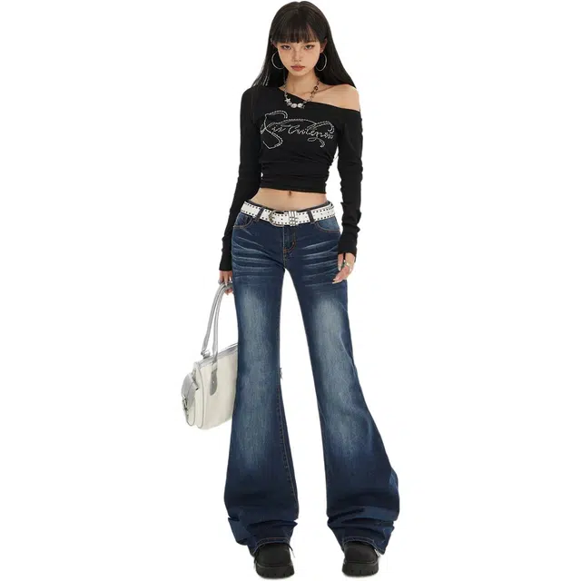 拾籍 潮流时尚辣妹低腰显腿长喇叭裤女秋冬复古修身显瘦休闲百搭牛仔裤 女款