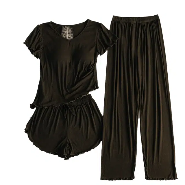 顶瓜瓜 夏季女舒适休闲清新短袖三件套家居服睡衣套装 女款