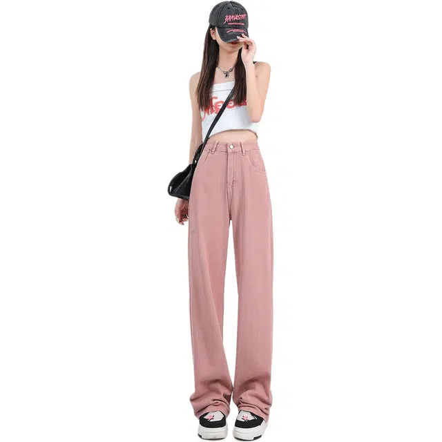 黛尔佳人 奶油冰淇淋遮肉显瘦夏季百搭宽松高腰直筒牛仔裤女&长裤加长休闲裤 女款