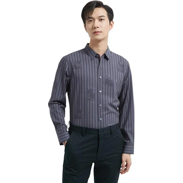 古鲨 竖条纹绅士印花抗皱休闲长袖衬衫 男款
