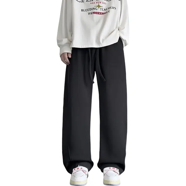 哲源 美式复古高街纯色卫裤松紧抽绳基础拼接设计感直筒裤潮牌百搭宽松舒适拖地垂感弯刀休闲裤 男女同款