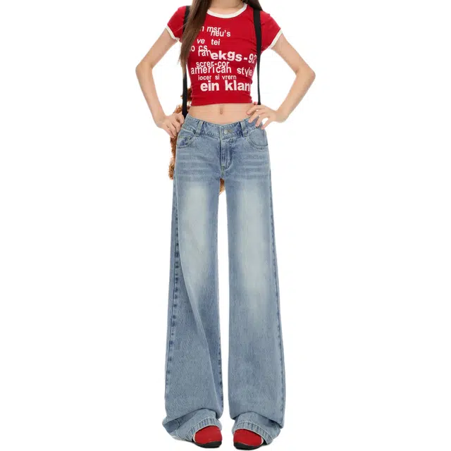 玫丝朵 美式复古合身低腰辣妹千禧风不贴腿直筒牛仔裤 女款