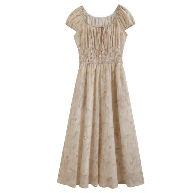 花栗鼠小姐 复古风气质优雅夏季泡泡袖方领短袖连衣裙 女款