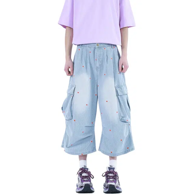 柏黛妃 七分裤爱心高街设计子潮牌竖纹工装休闲短裤 女款