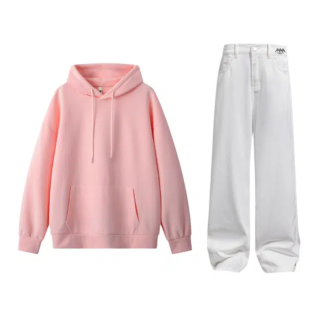 梓润格 秋季时尚潮流简约垂感设计感高级牛仔裤美式高街拖地阔腿裤做旧纯色连帽酷飒校园风日常休闲宽松百搭慵懒风穿搭卫衣套装 男女同款