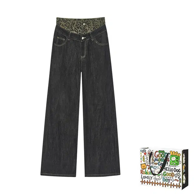 哒头下雨不愁 美式复古拼接宽松直筒拖地长裤牛仔裤 女款