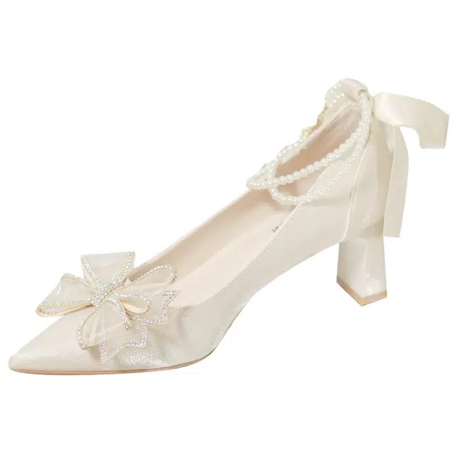 拾伍象 蝴蝶结 串珠 粗跟 高跟鞋 女 香槟色