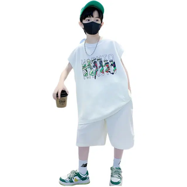 天才小熊休闲运动套装  男童夏季时尚印花字母无袖套动漫大童潮牌小孩衣服 小男孩短袖洋气时髦 舒适帅气轻便