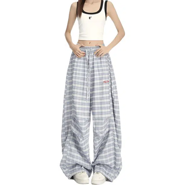 如续 美式复古格子弯刀裤百搭抽绳慵懒风垂坠感阔腿裤女休闲裤 女款