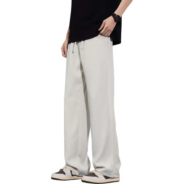 瑞梵帝斯 美式复古高街潮流四季冰丝凉感面速干简约学院风青春流行宽松吸汗透气通勤阔腿直筒百搭垂感长裤男生休闲裤 男款