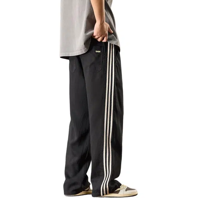 协协乐 高端冰丝工装裤夏季薄款凉感透气亚麻伞兵天丝条纹美式潮牌宽松直筒阔腿拖地裤百搭运动长裤休闲裤 男款