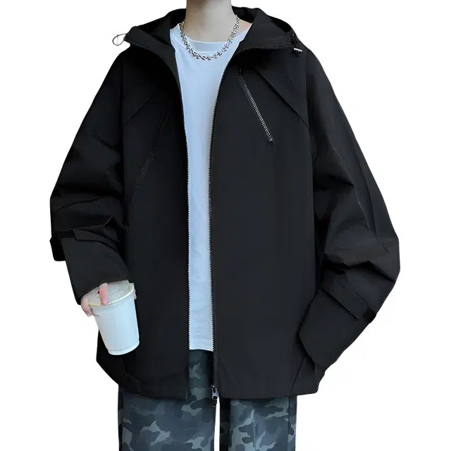 半空山 半空山美式高街纯色基础简约拼接三防双头拉链多抽绳功能山系户外飞行员冲锋夹克 男女同款