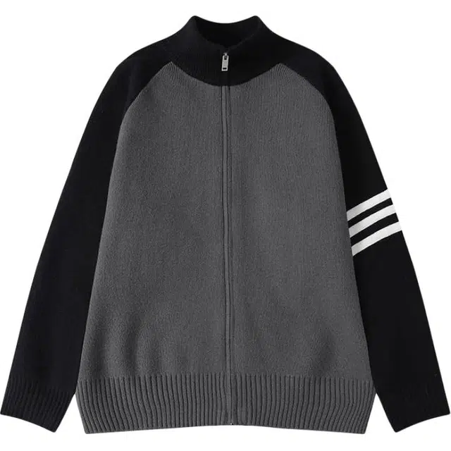 颂希尔 美式复古潮牌立领撞色开衫毛衣男春季休闲宽松百搭针织衫外套夹克 男女同款