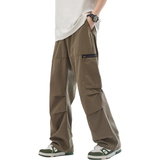 瑞梵帝斯 夏秋美式直筒莱赛尔天丝凉感面料薄款透气纯色简约宽松多口袋高街风拉链青少年户外运动长裤男生休闲裤 男款