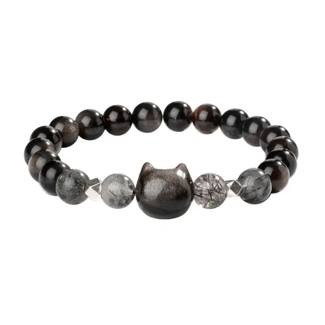 周百福 黑白萌猫  招财猫 新中式国潮小众创意萌趣可爱设计圆珠百搭多财多福 爱情甜蜜饰爱佳偶天成#好运 黑曜石 手串 男女同款情侣款