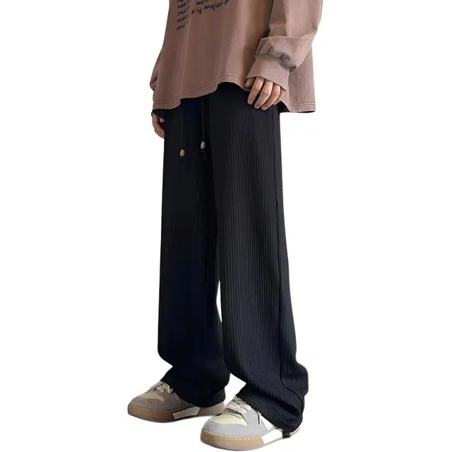 哲源 美式高街简约纯色基础款长裤条纹垂感松紧腰抽绳系带束脚两穿设计感直筒裤潮牌百搭日常户外显高显瘦运动休闲裤 男女同款