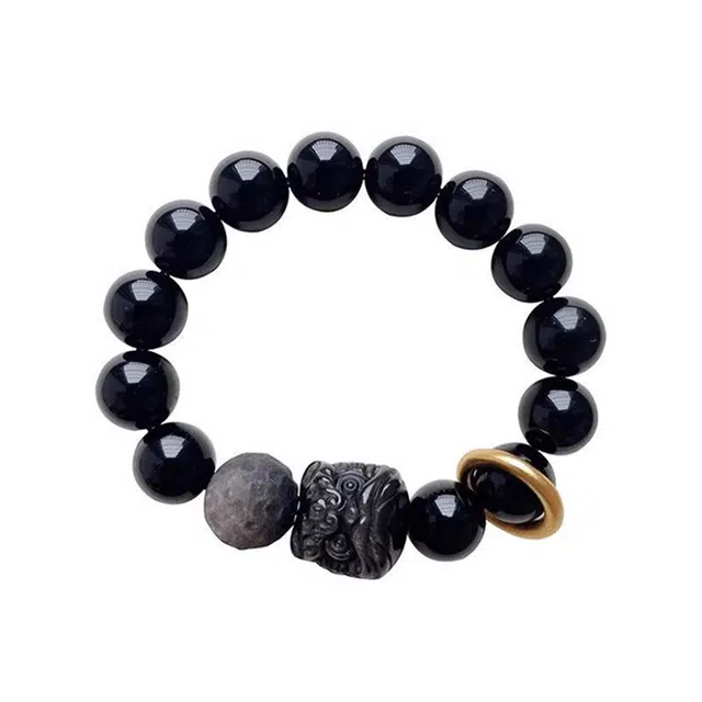 周百福 醒狮圆珠 时来运转 新中式国潮本命年 招财进宝 转运上岸小众精致百搭高级感串珠手饰 黑曜石 手串 男女同款情侣款