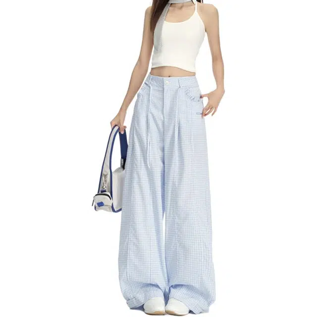 如续 慵懒风格子裤女薄款设计感系带宽松阔腿遛弯裤休闲裤 女款