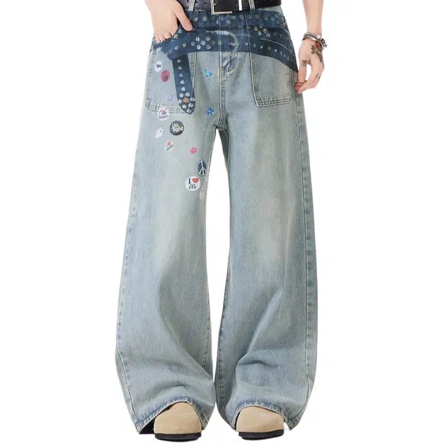 太子龍 美式街头腰带徽章印花宽松直筒百搭拖地裤子牛仔裤 男女同款