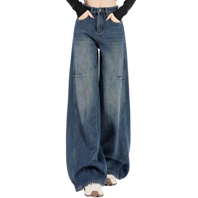 丝柏舍 复古长款宽松高腰水洗气质韩版阔腿简约加绒牛仔裤 女款