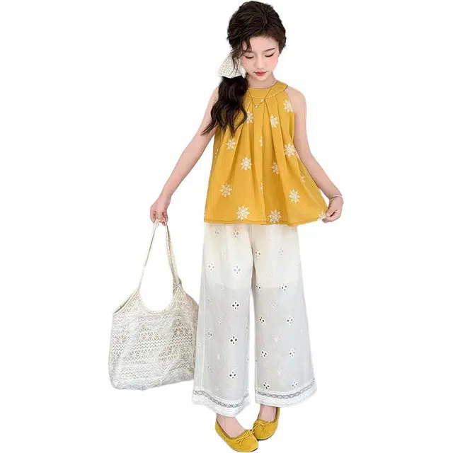 木木兔休闲运动套装 洋气韩版女童绣花蕾丝镂空裤两件套 青少年