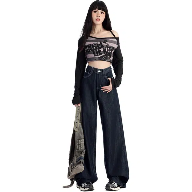 拾籍 时尚通勤简约百搭复古宽松显瘦休闲舒适显高垂感拖地阔腿牛仔裤 女款