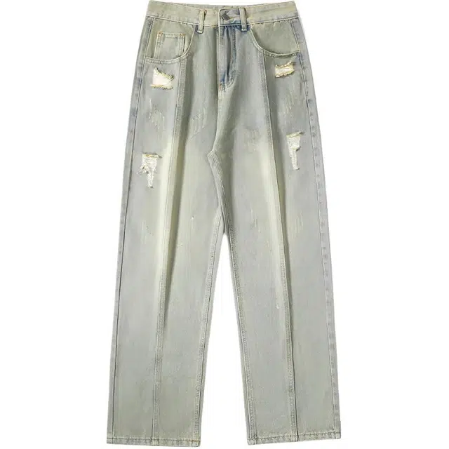 特斯型 美式复古水洗宽松百搭薄款做旧破洞牛仔裤 男女同款
