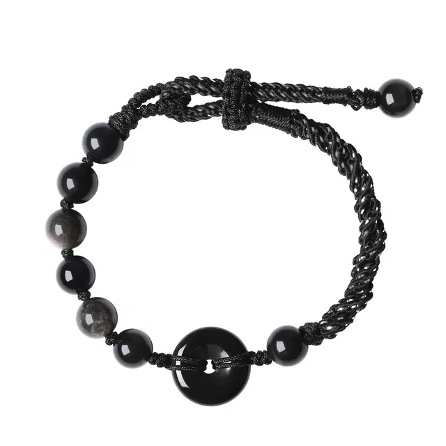 潮宏基 平安扣  轻奢小众个性百搭简约时尚有质感天然 黑曜石 手链 男女同款情侣款