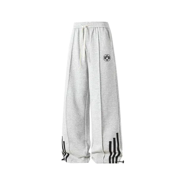 普鲁士多特蒙德 美式高街学院风队徽字母印花拼接条纹棉质休闲长裤无性别主义宽松直筒百搭阔腿舒适针织运动裤 男女同款