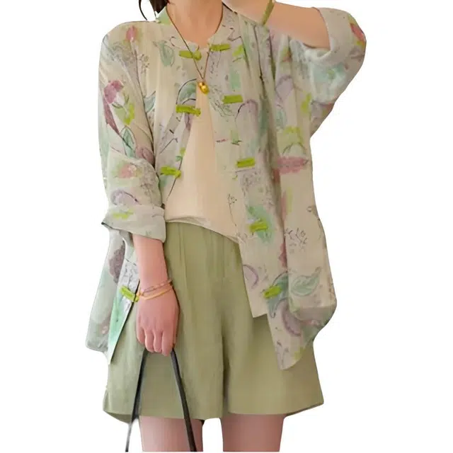 沐晓欣 新中式国风宽松长袖衬衫阔腿短裤休闲套装 女款