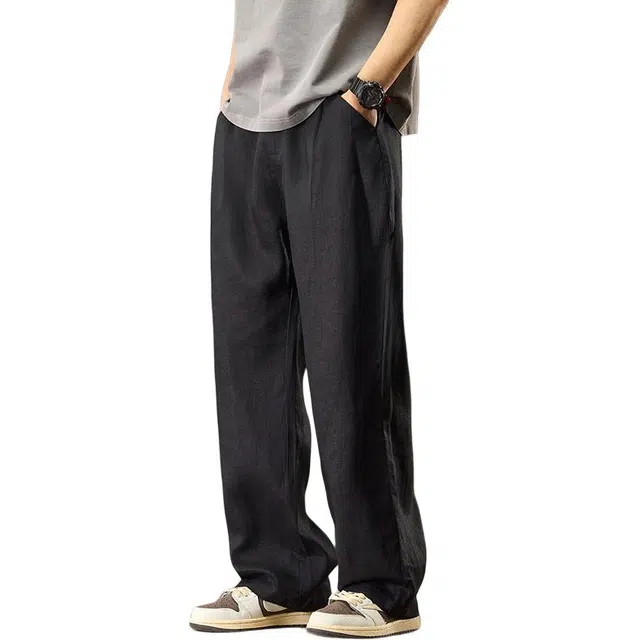 协协乐 高端亚麻夏季薄款凉感透气冰丝西裤工装速干美式潮牌纯色宽松直筒阔腿百搭运动长裤休闲裤 男款